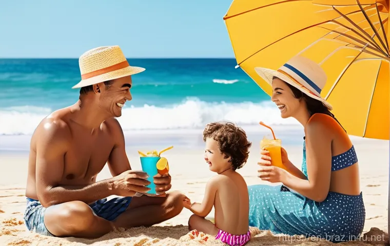 브라질에서 길거리 음식 먹을 때 주의사항 - **Prompt:** A vibrant, sun-drenched beach scene with a multi-generational family happily building a ...