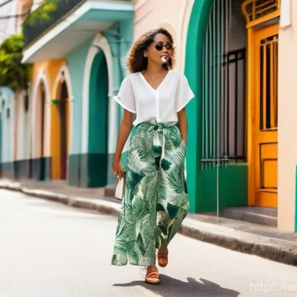 브라질에서 유행하는 패션 스타일 - **Prompt:** A young woman in her 20s to 30s confidently strolling down a vibrant, sun-drenched stree...