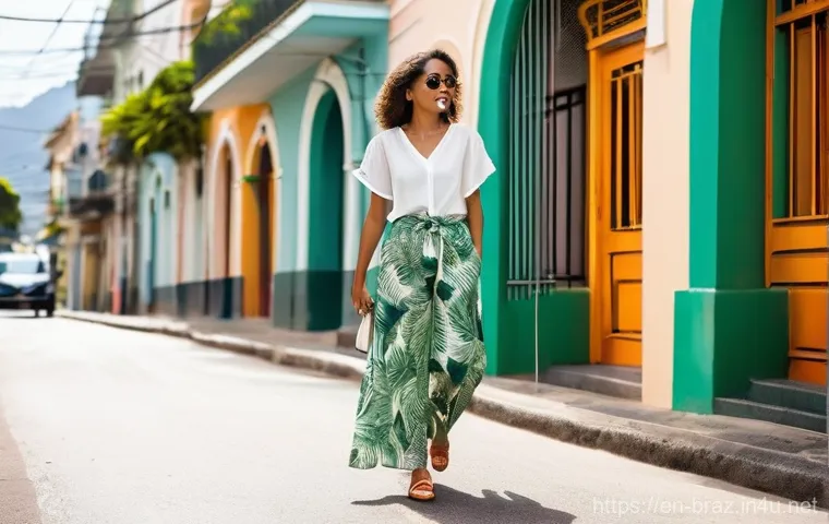 브라질에서 유행하는 패션 스타일 - **Prompt:** A young woman in her 20s to 30s confidently strolling down a vibrant, sun-drenched stree...