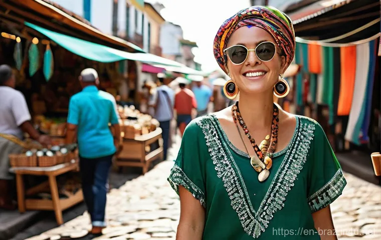 브라질에서 유행하는 패션 스타일 - **Prompt:** A young woman in her 20s to 30s confidently strolling down a vibrant, sun-drenched stree...