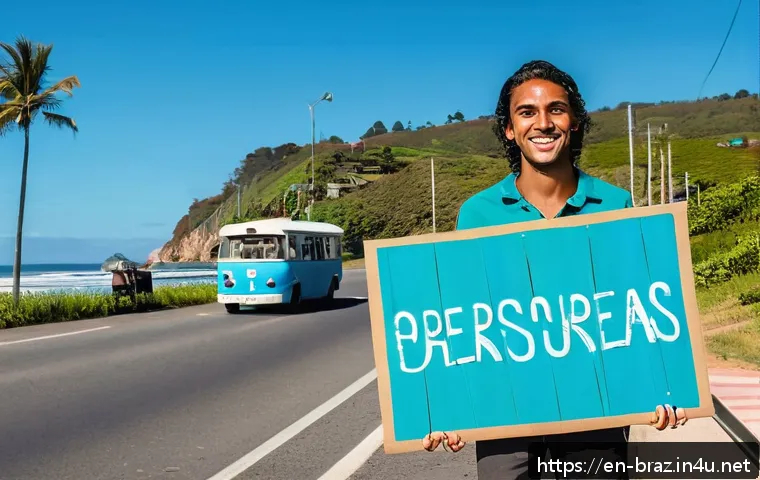 브라질에서 히치하이킹 가능할까 - A friendly Brazilian hitchhiker standing safely near a gas station on a sunny day along the BR-101 C...