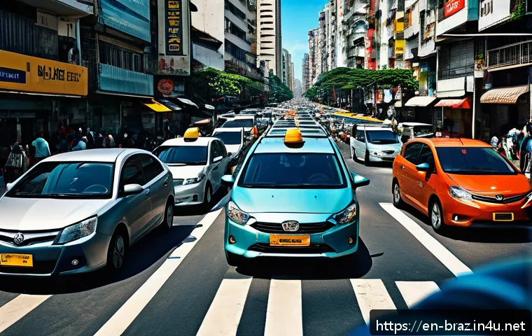 브라질에서 렌트카 운전 주의사항 - A bustling urban street scene in S&atilde;o Paulo, Brazil, showing a compact rental car navigating through ...