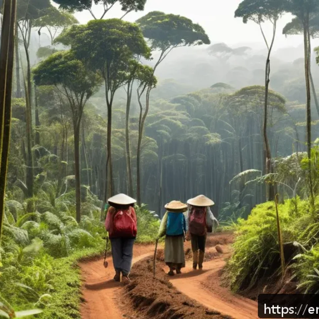 브라질 동물 보호 운동 - A lush reforestation scene in the Brazilian rainforest showing local indigenous community members pl...