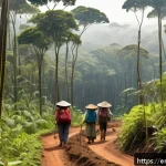 Home 22 브라질 동물 보호 운동 - A lush reforestation scene in the Brazilian rainforest showing local indigenous community members pl...
