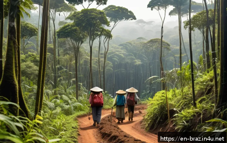브라질 동물 보호 운동 - A lush reforestation scene in the Brazilian rainforest showing local indigenous community members pl...