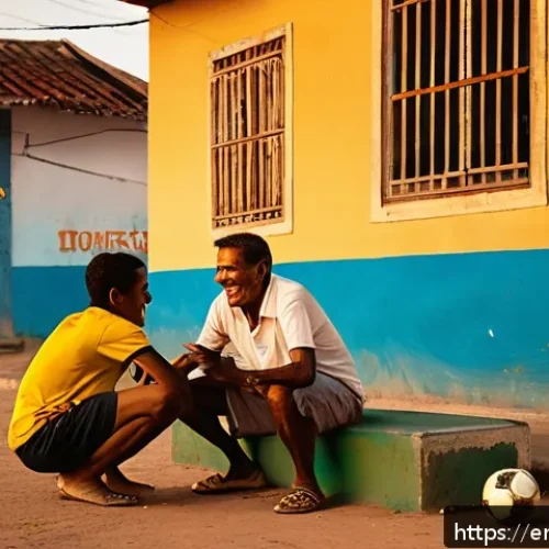 Home 33 브라질에서 인기 있는 스포츠 - A vibrant Brazilian street football scene at sunset, featuring barefoot children and teenagers skill...