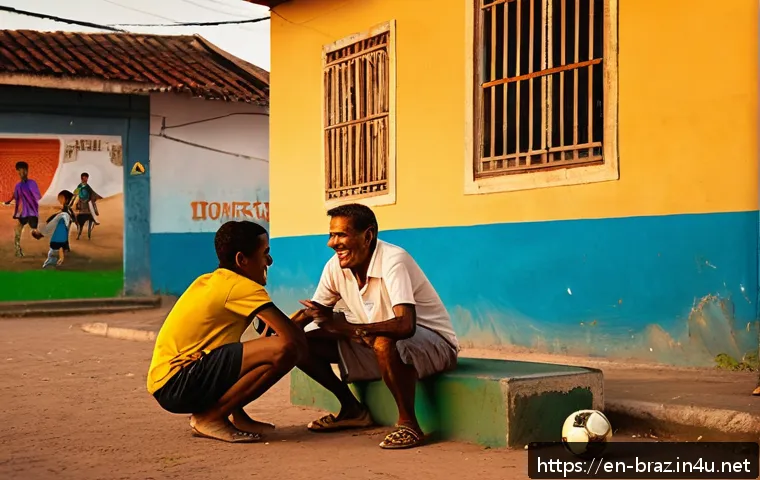 브라질에서 인기 있는 스포츠 - A vibrant Brazilian street football scene at sunset, featuring barefoot children and teenagers skill...