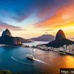 Home 20 브라질 크루즈 여행 - A vibrant panoramic view from a cruise ship deck of Rio de Janeiro’s Guanabara Bay at sunset, featur...