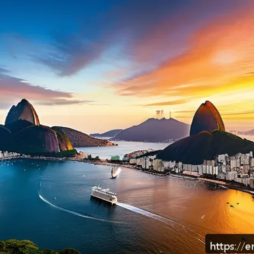 Home 32 브라질 크루즈 여행 - A vibrant panoramic view from a cruise ship deck of Rio de Janeiro’s Guanabara Bay at sunset, featur...