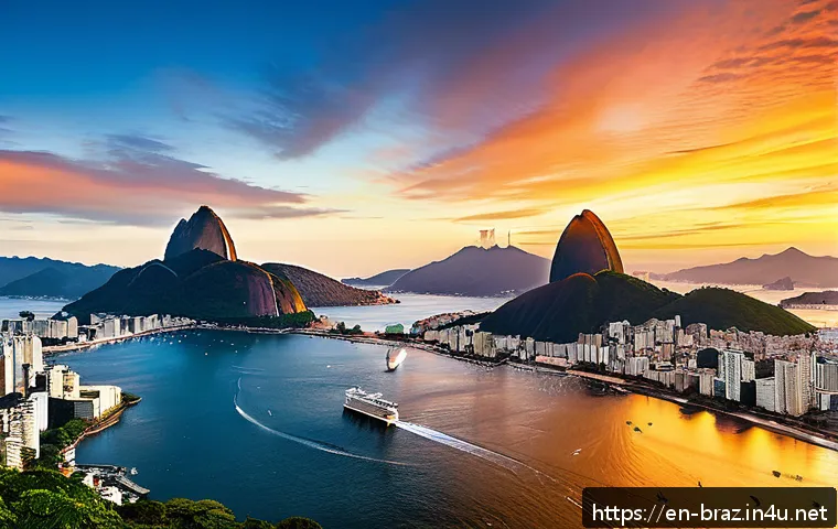 브라질 크루즈 여행 - A vibrant panoramic view from a cruise ship deck of Rio de Janeiro&rsquo;s Guanabara Bay at sunset, featur...