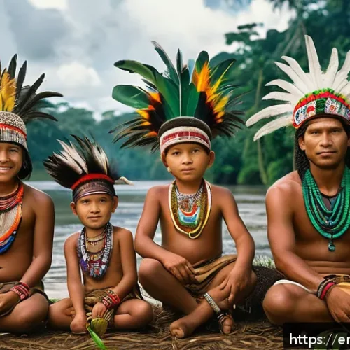 Home 31 브라질 언어 특징 - A vibrant Amazonian indigenous community scene featuring men, women, and children wearing traditiona...