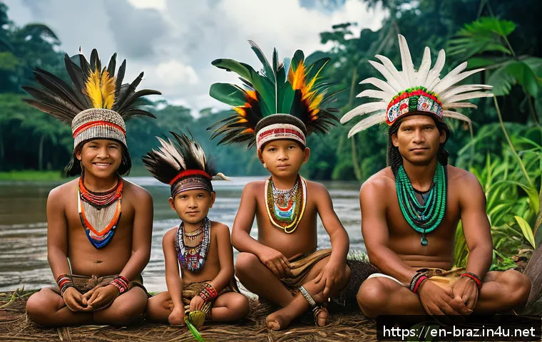 브라질 언어 특징 - A vibrant Amazonian indigenous community scene featuring men, women, and children wearing traditiona...