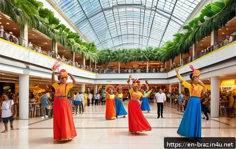 브라질의 대표적인 대형 쇼핑몰 - A vibrant Brazilian shopping mall interior bustling with visitors enjoying a lively cultural festiva...