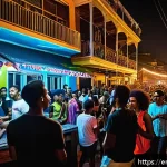 Home 23 브라질 나이트라이프 및 클럽 문화 - A vibrant open-air nightclub scene in Rio de Janeiro at night, featuring a diverse crowd of locals a...