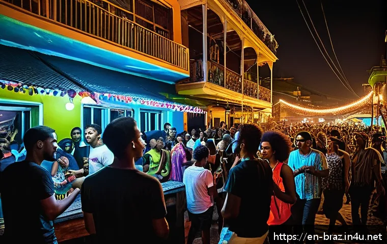브라질 나이트라이프 및 클럽 문화 - A vibrant open-air nightclub scene in Rio de Janeiro at night, featuring a diverse crowd of locals a...