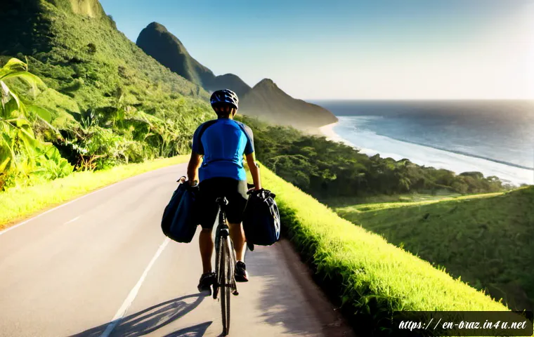 Home 17 브라질에서 자전거 여행하기 - Photorealistic bicycle touring scene in Brazil, a solo adult cyclist wearing a helmet and practical ...