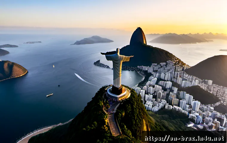리우데자네이루 관광 명소 - Photorealistic sunrise view of Christ the Redeemer atop Corcovado Mountain, wide-angle composition f...