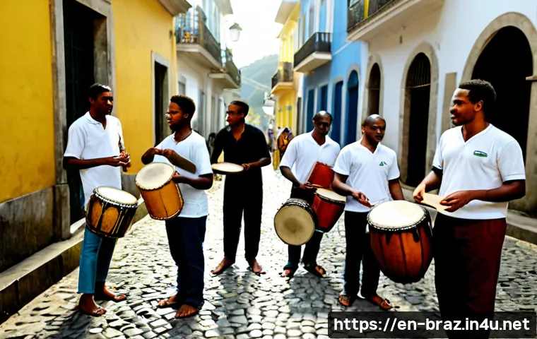 삼바 음악의 역사 - Photorealistic early 20th-century Rio de Janeiro samba gathering in a modest cobblestone courtyard, ...