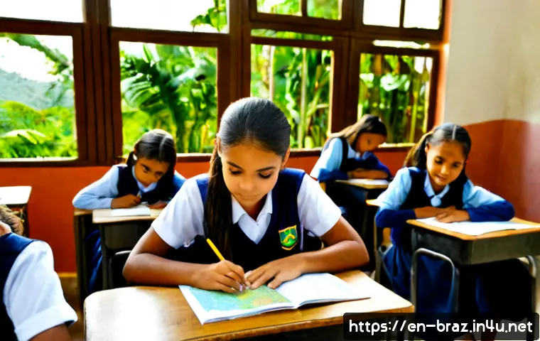브라질 교육제도 - Photorealistic Brazilian public elementary school classroom, diverse children in modest uniforms sea...